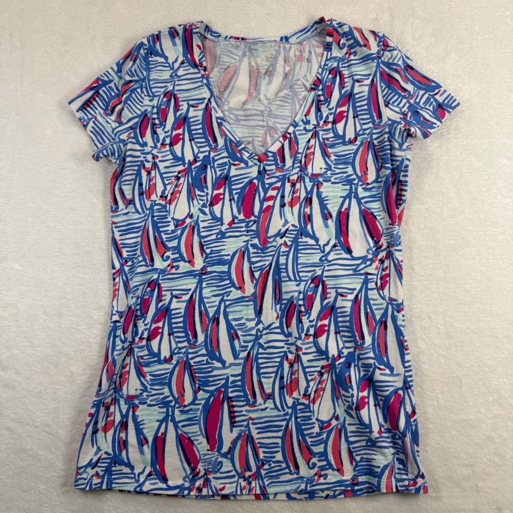 Lilly Pulitzer Womens Sailboat‎ Print V-Neck Short Sleeve Cotton T-Shirt Blue S